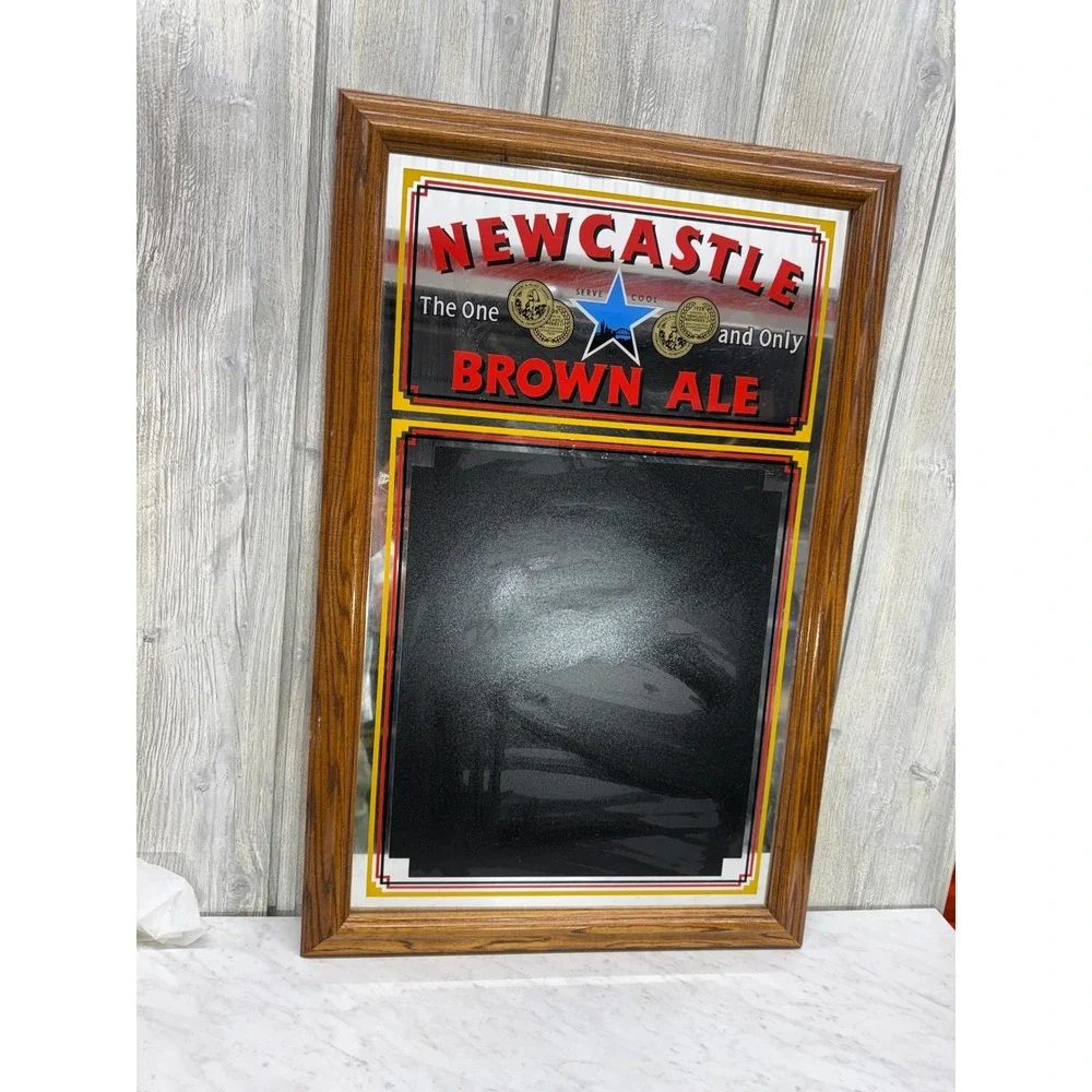 Vintage Newcastle Brown Ale Bar Mirror Chalkboard Sign Wood Frame Mancave Decor